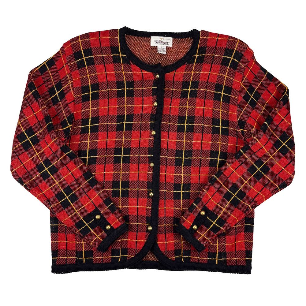 Worthington VTG Plaid Cardigan Women’s L Red Black Tartan Preppy Holiday Retro